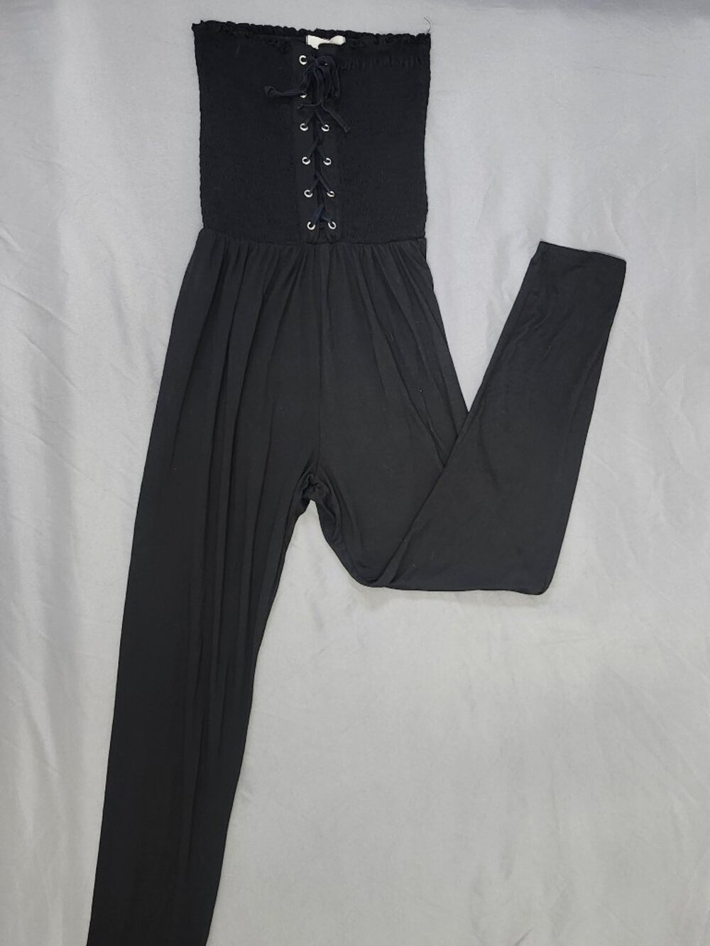 Black Lace-Up Smocked Strapless Jumpsuit size M